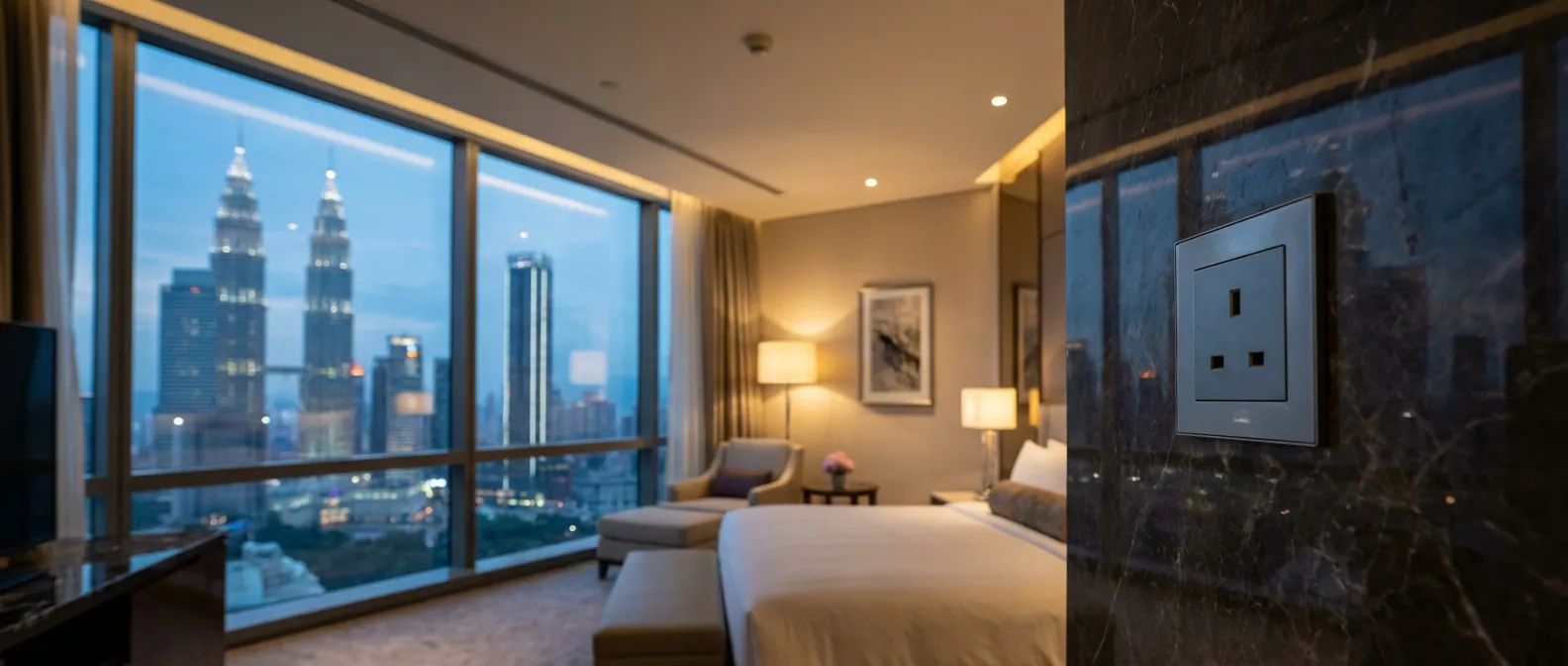 Adaptateur électrique type G dans une chambre d'hôtel de luxe à Kuala Lumpur avec vue sur les tours Petronas