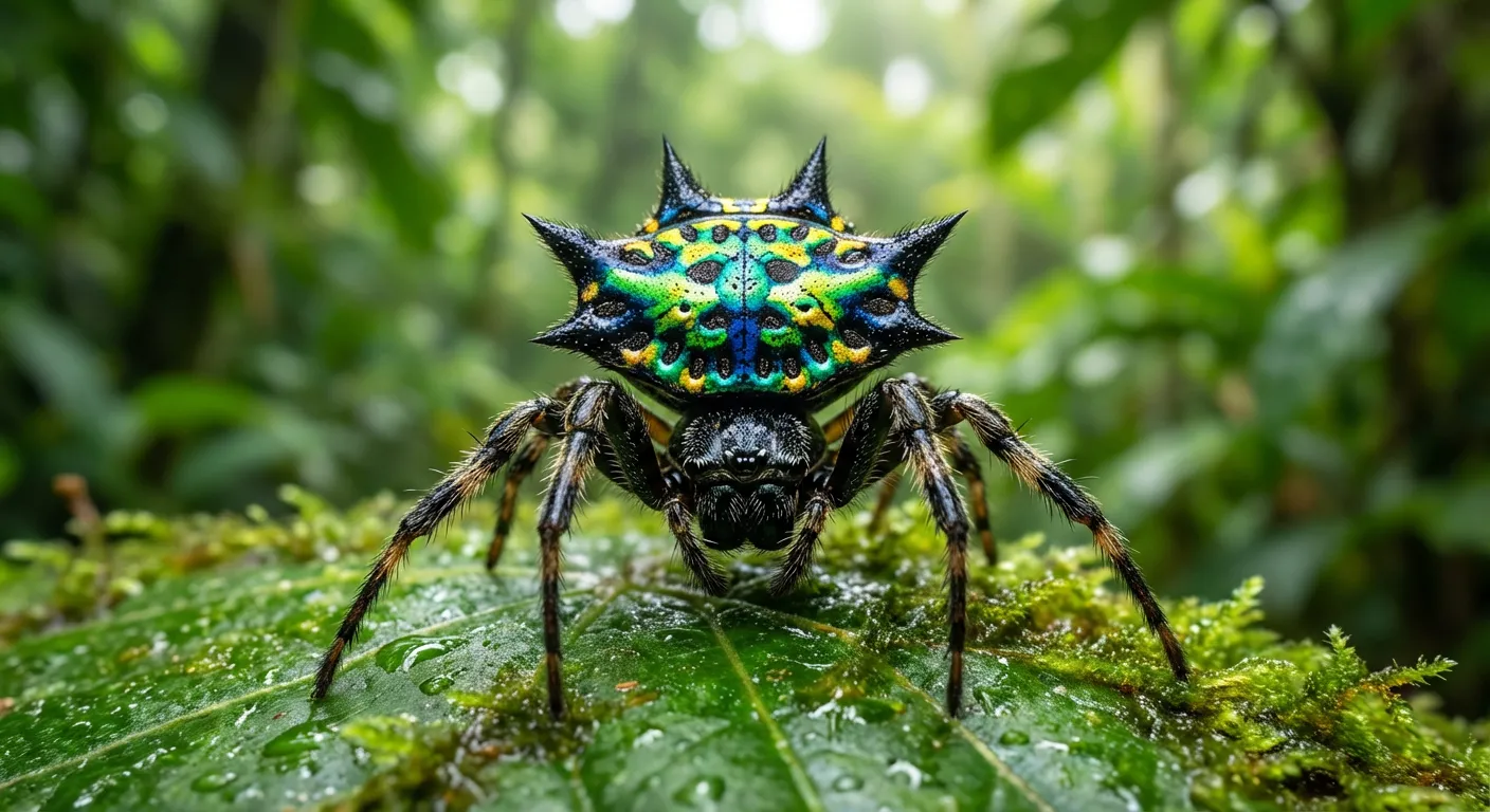 Gros plan macro d'une araignée colorée de La Réunion sur un fond vert épuré.