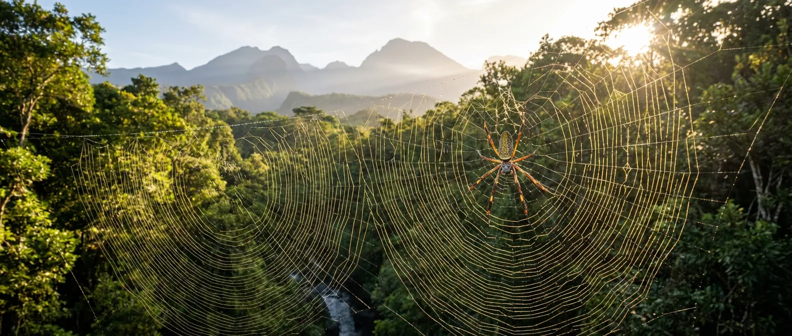 Une grande araignée Nephila sur sa toile dorée devant les montagnes luxuriantes de l'île de La Réunion.