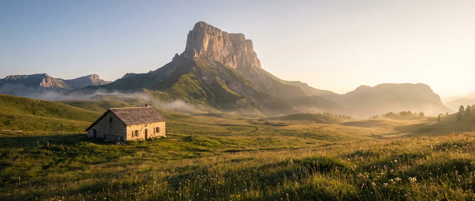 Vue panoramique de la cabane des Chaumailloux avec le Mont Aiguille au lever du soleil dans le Vercors