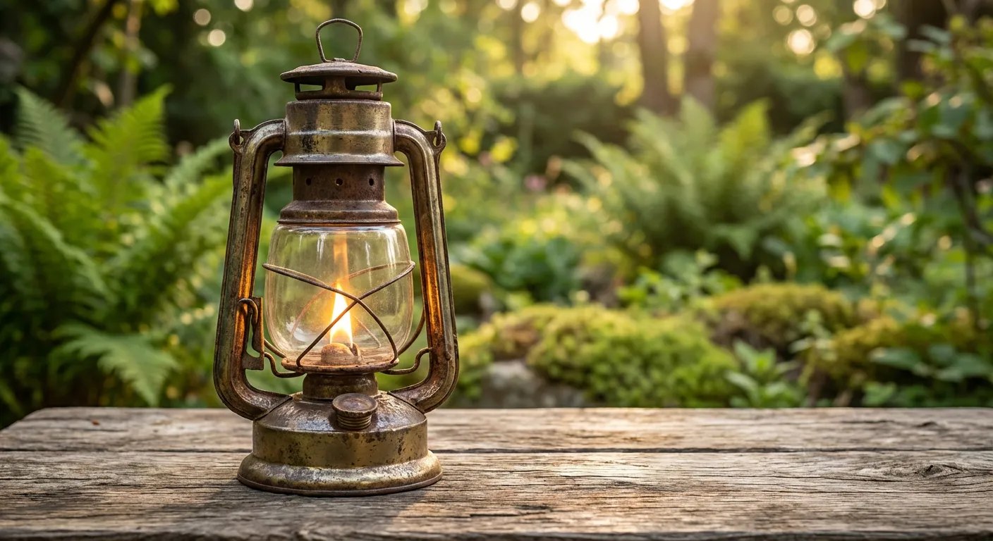 Lanterne de camping traditionnelle posée sur une table en bois