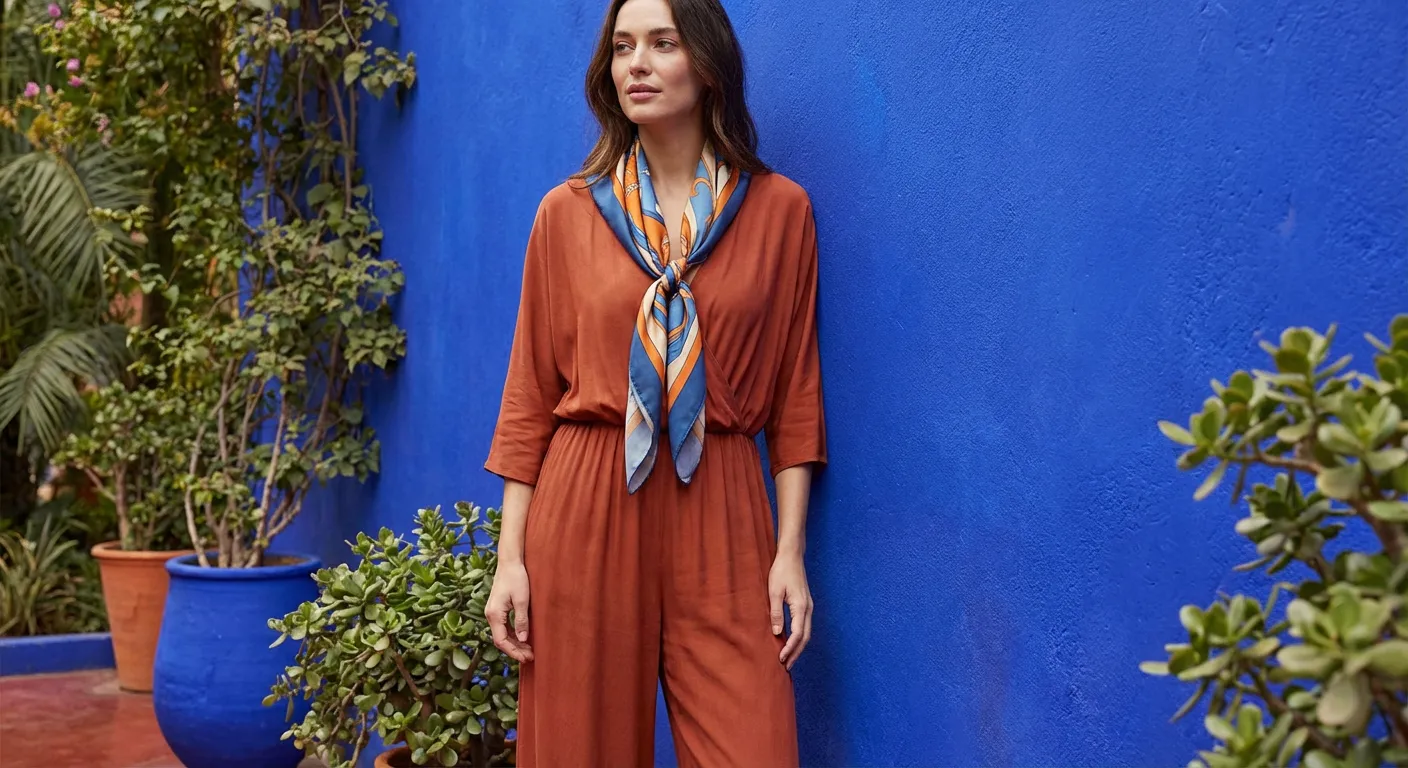 Tenue de voyage pour femme devant les murs bleus du Jardin Majorelle