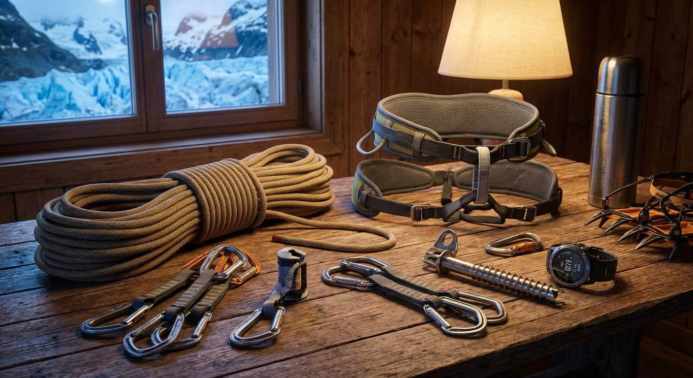 Équipement technique d'alpinisme détaillé incluant cordes et mousquetons pour le Mont-Blanc