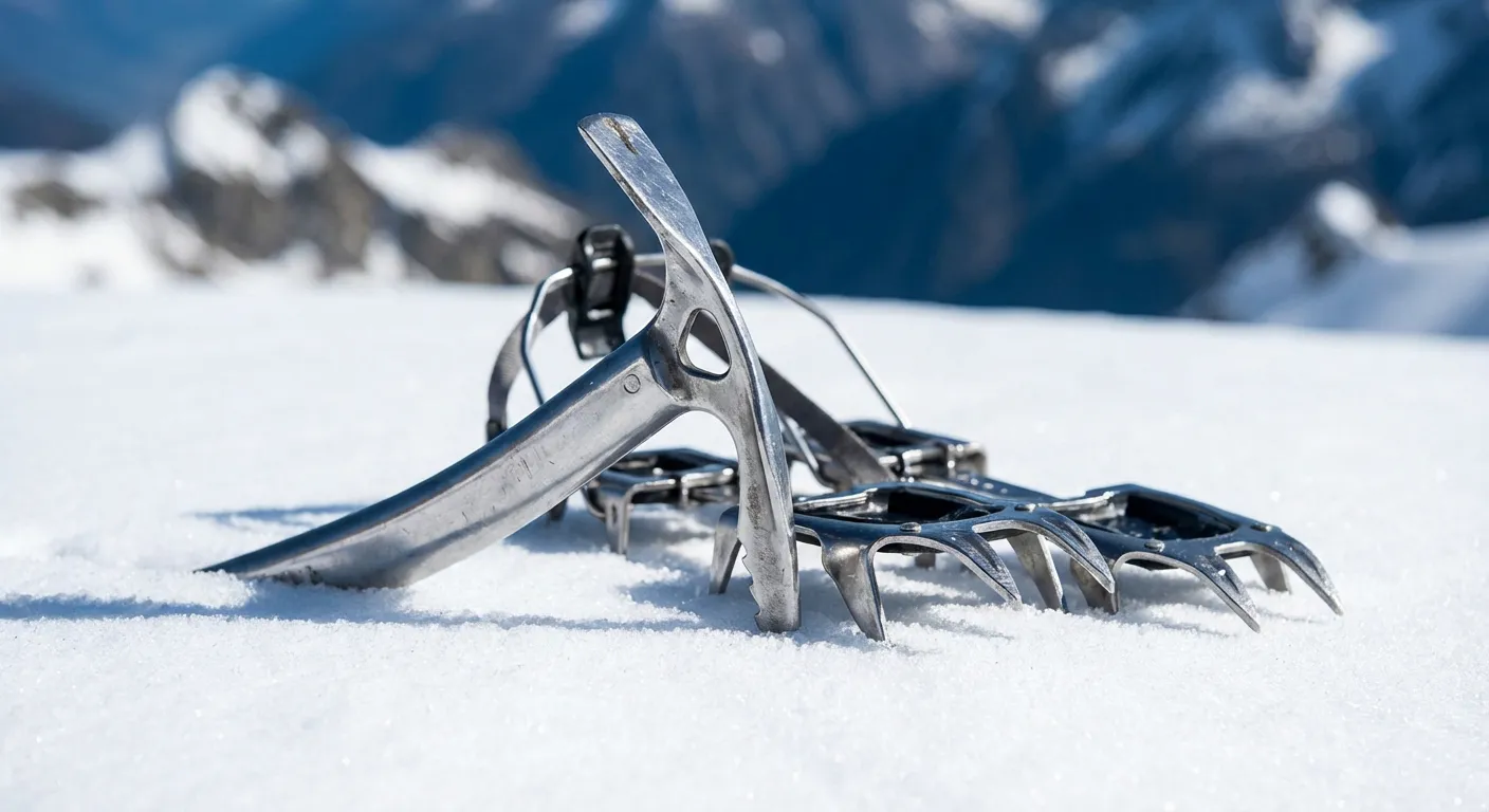 Gros plan sur un piolet et des crampons dans la neige au Mont-Blanc
