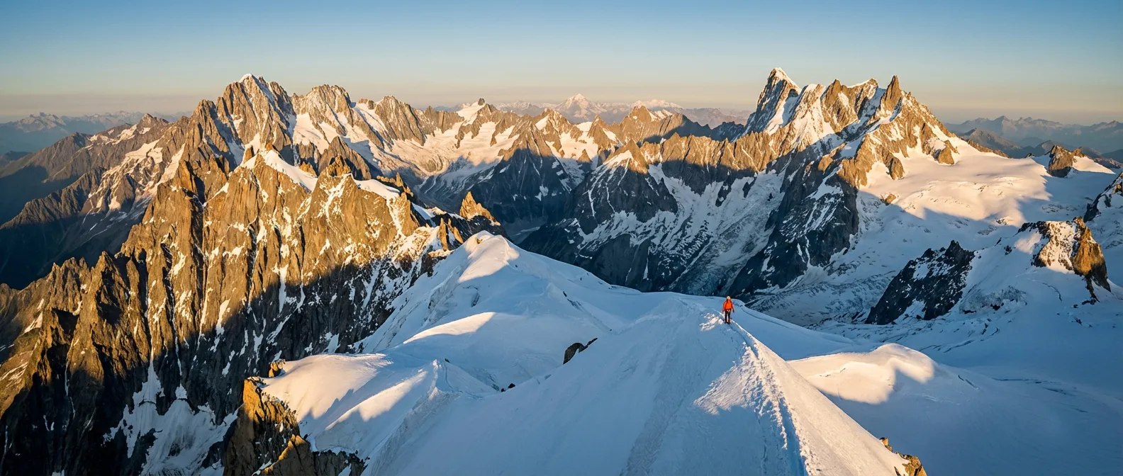 Vue épique du sommet du Mont-Blanc au lever du soleil avec un alpiniste seul sur une crête