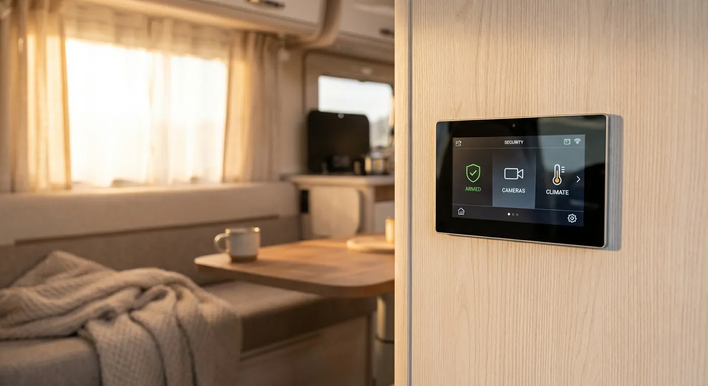 Système de sécurité électronique installé à l'intérieur d'un camping-car haut de gamme.