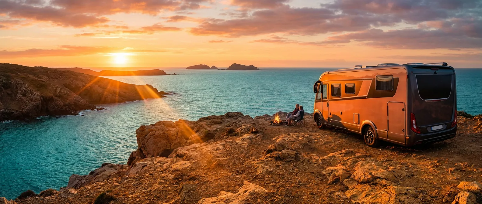 Un camping-car de luxe stationné en bord de mer au coucher du soleil, symbolisant la liberté et la sécurité.