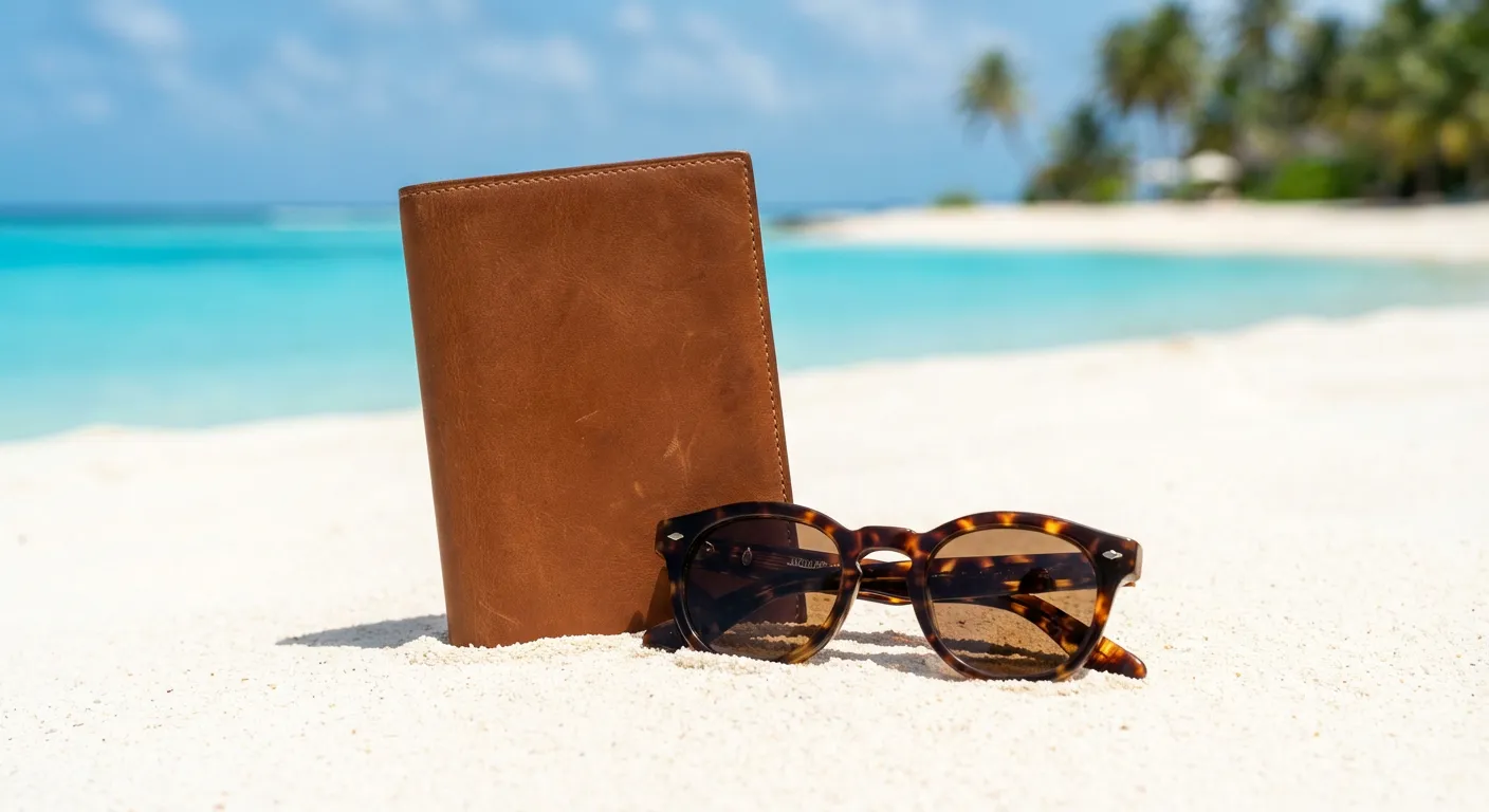 Accessoires de voyage haut de gamme sur le sable blanc de Tulum.