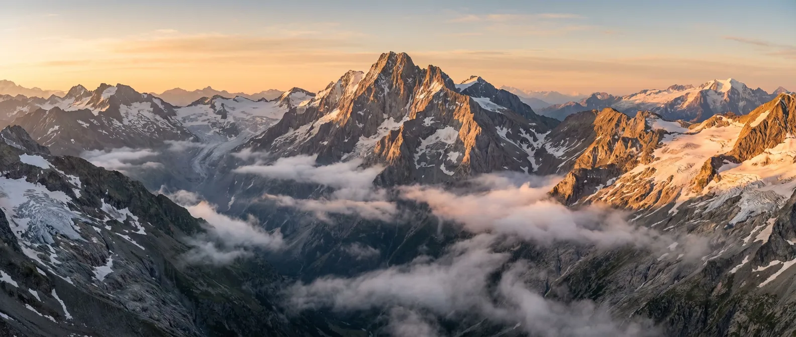 Vue panoramique épique de l'Aiguille de la Vanoise au lever du soleil dans le Parc National de la Vanoise