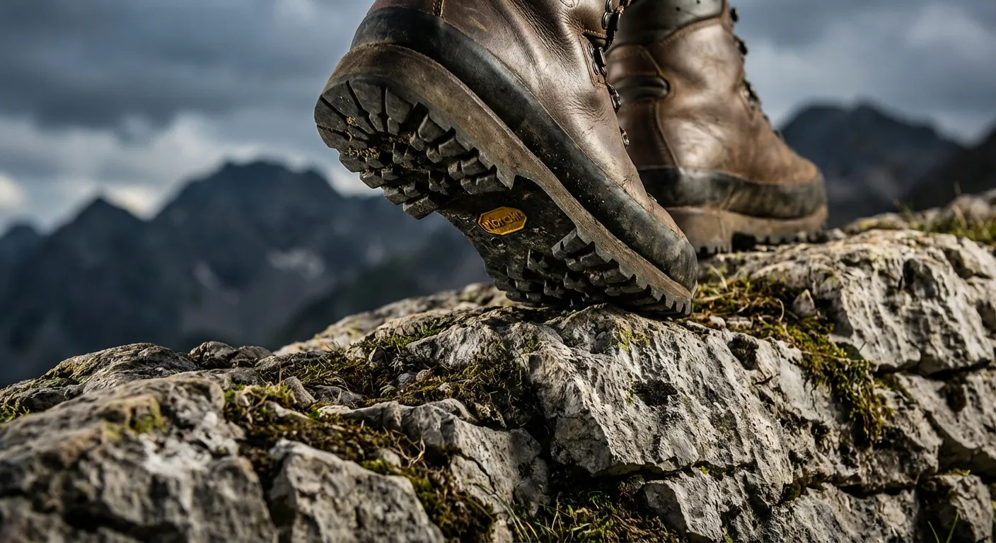Gros plan sur des chaussures de randonnée sur le sentier pierreux du Col des Rachasses.