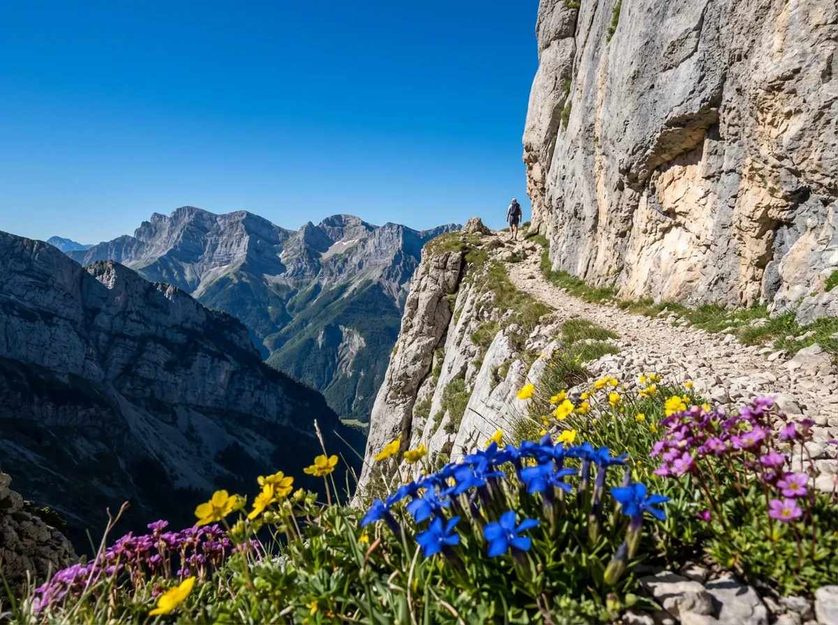 Sentier de randonnée escarpé longeant une falaise calcaire au Col des Rachasses.