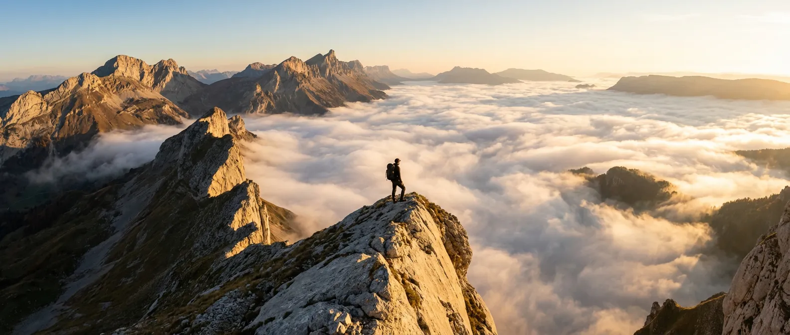 Vue panoramique épique du Col des Rachasses au coucher du soleil avec un randonneur contemplant le massif du Vercors.