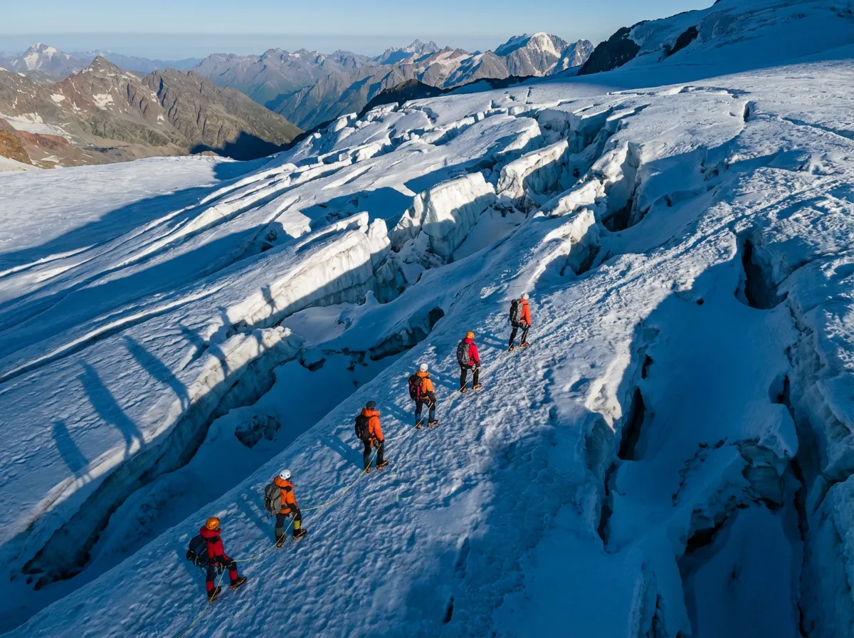 Cordée d'alpinistes traversant un glacier sur les pentes de l'Elbrouz