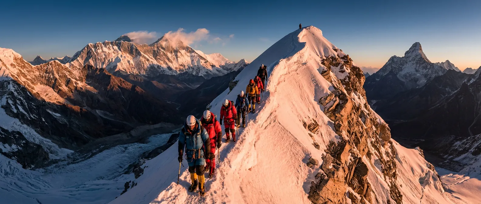 Ascension épique de la crête enneigée de l'Imja Tse dans l'Himalaya au coucher du soleil