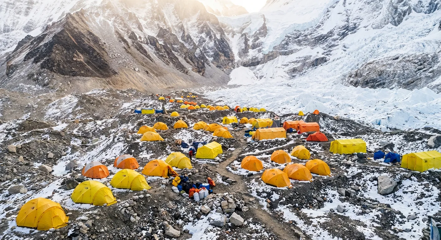 Camp de base coloré au pied du glacier de l'Imja Tse pour l'acclimatation