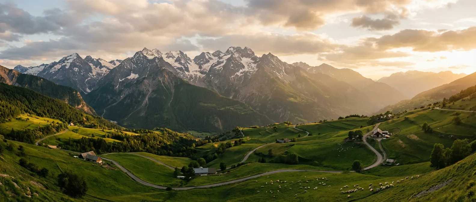 Panorama spectaculaire sur le massif des Écrins depuis la Croix de Manse au coucher du soleil