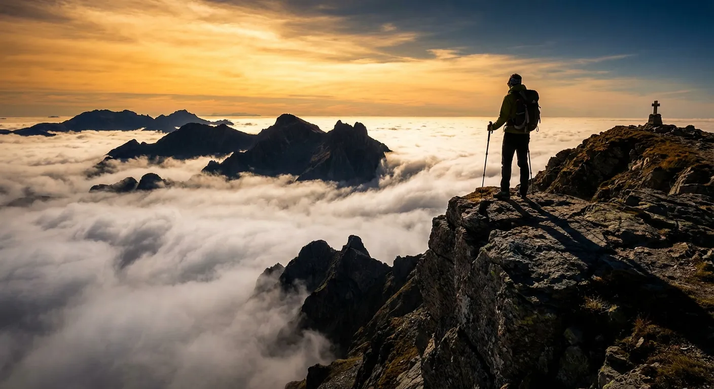 Randonneur contemplant les montagnes depuis le sommet de la Croix de Manse