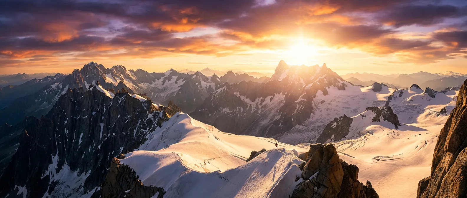 Panorama épique depuis la Pointe Trifide avec vue sur le massif du Mont-Blanc au coucher du soleil