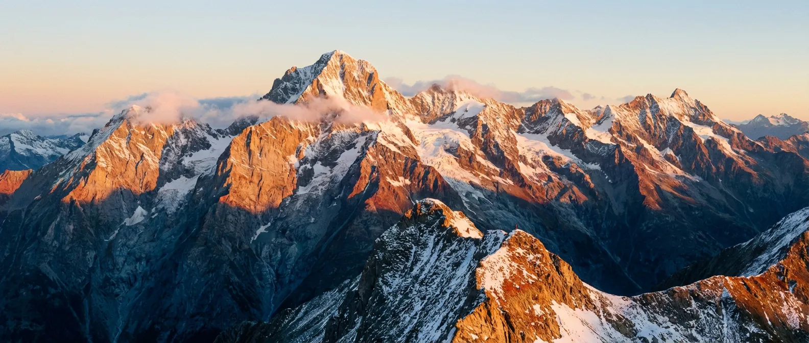 Vue épique et cinématographique de l'Aiguille du Chardonnet au lever du soleil dans le massif de la Vanoise