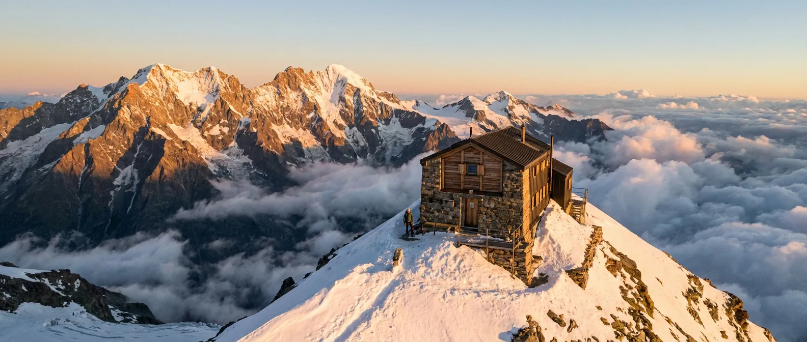 Le refuge Capanna Margherita perché au sommet de la Punta Gnifetti au coucher du soleil dans les Alpes