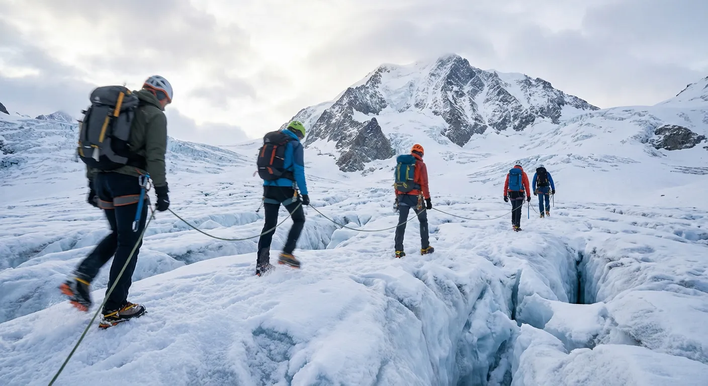 Alpinistes encordés progressant sur un glacier vers le Mont Vélan