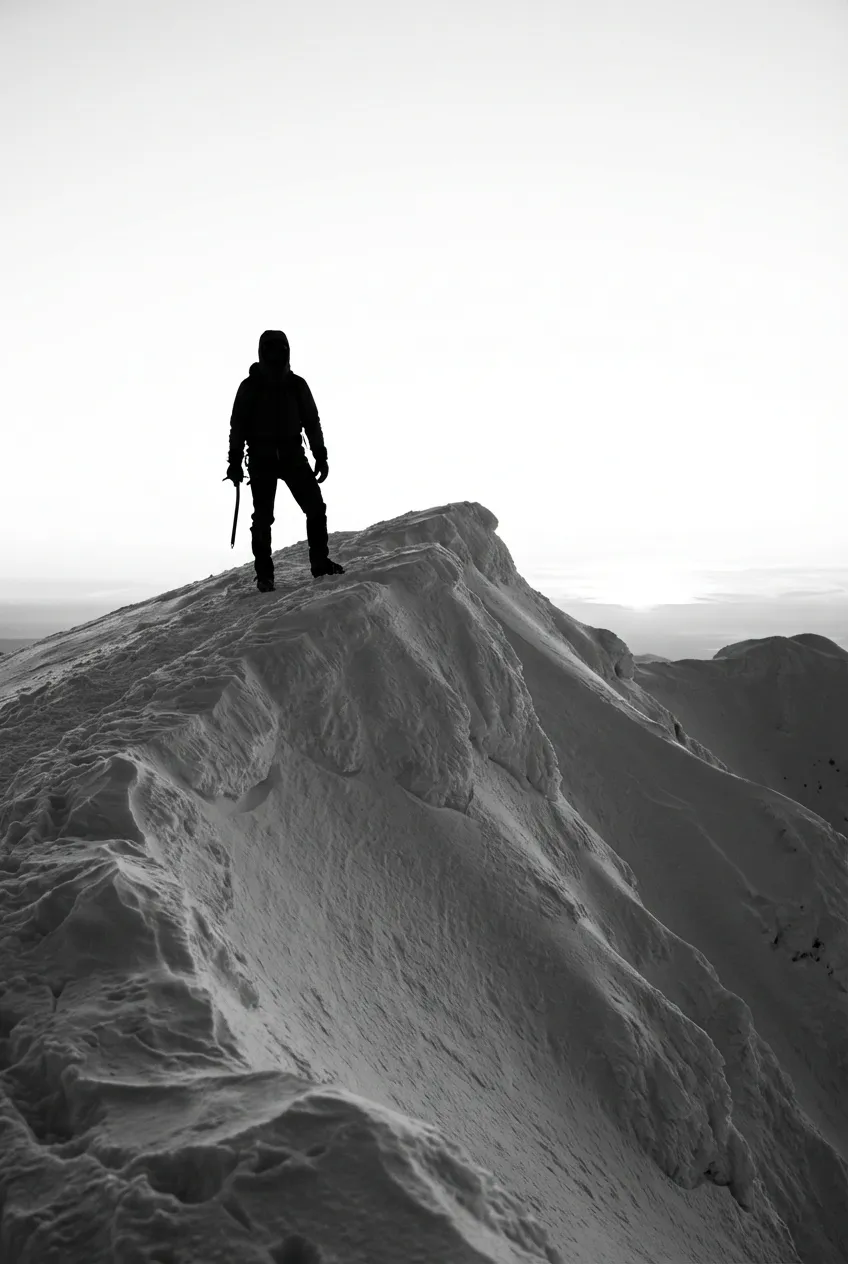 Silhouette d'un alpiniste sur une crête de haute montagne au Pic Lénine.