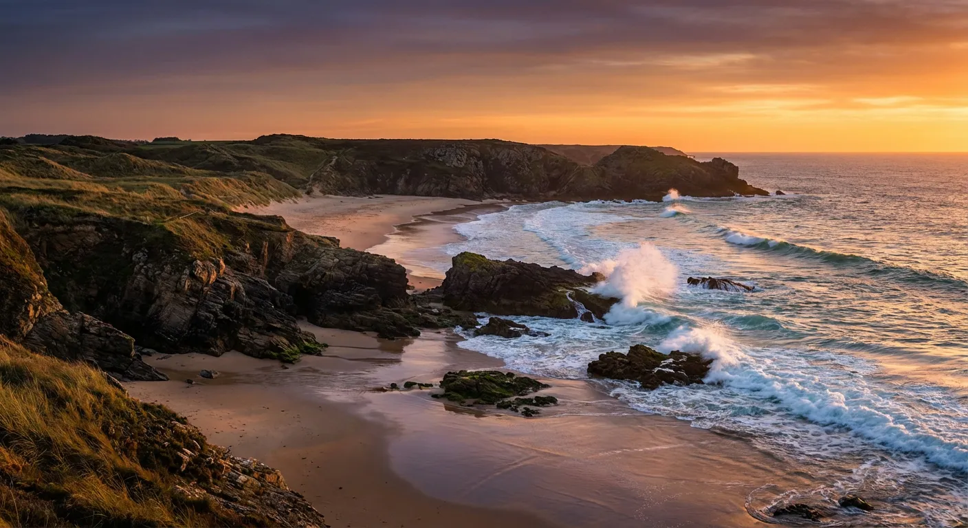 Vue panoramique épique et sauvage de la plage de la Torchère en Vendée au coucher du soleil.