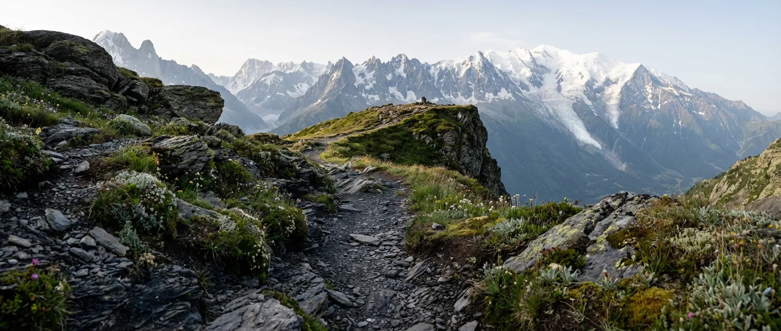 Sentier escarpé de la Pointe Noire de Pormenaz offrant une vue imprenable sur les Alpes.