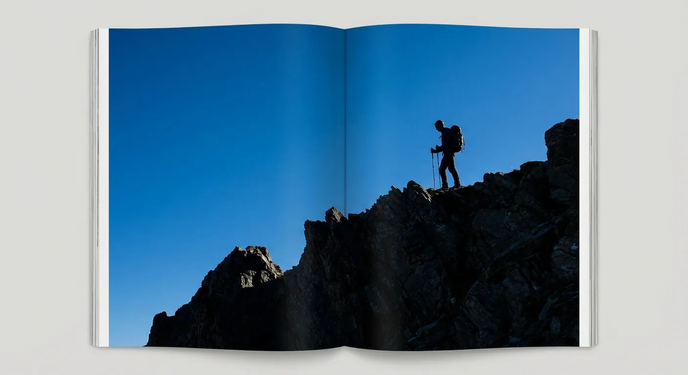 Silhouette d'un randonneur au sommet de la Pointe Noire de Pormenaz sur fond de ciel bleu.