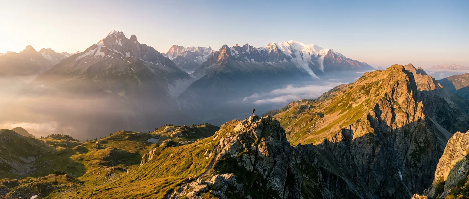 Vue panoramique spectaculaire de la Pointe Noire de Pormenaz face au massif du Mont-Blanc au lever du soleil.