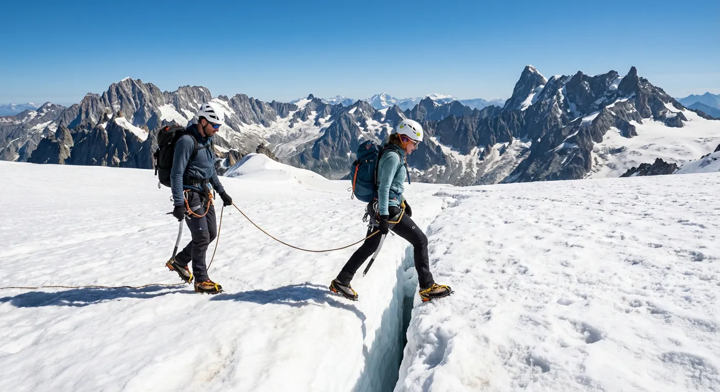 Cordée d'alpinistes progressant sur le glacier de Tré la Tête vers la Bérangère