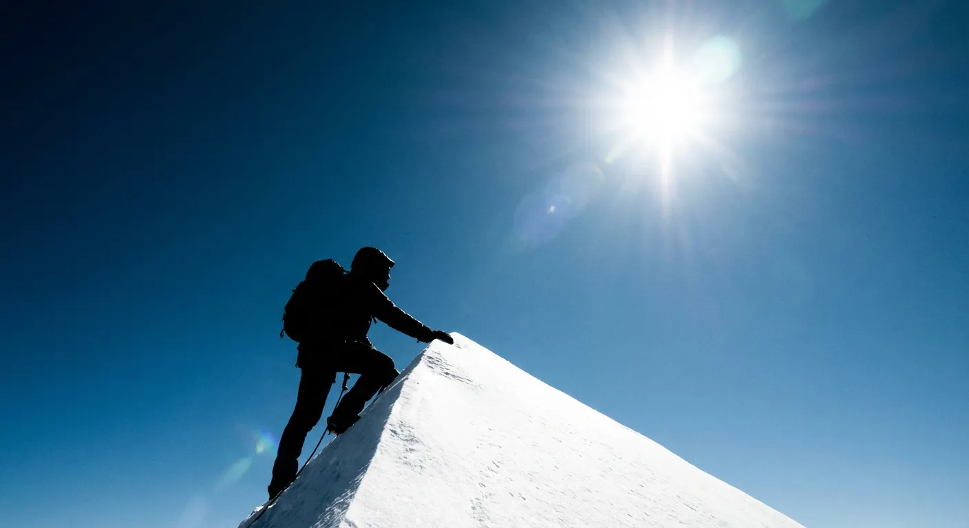 Silhouette d'un alpiniste sur fond de ciel bleu alpin