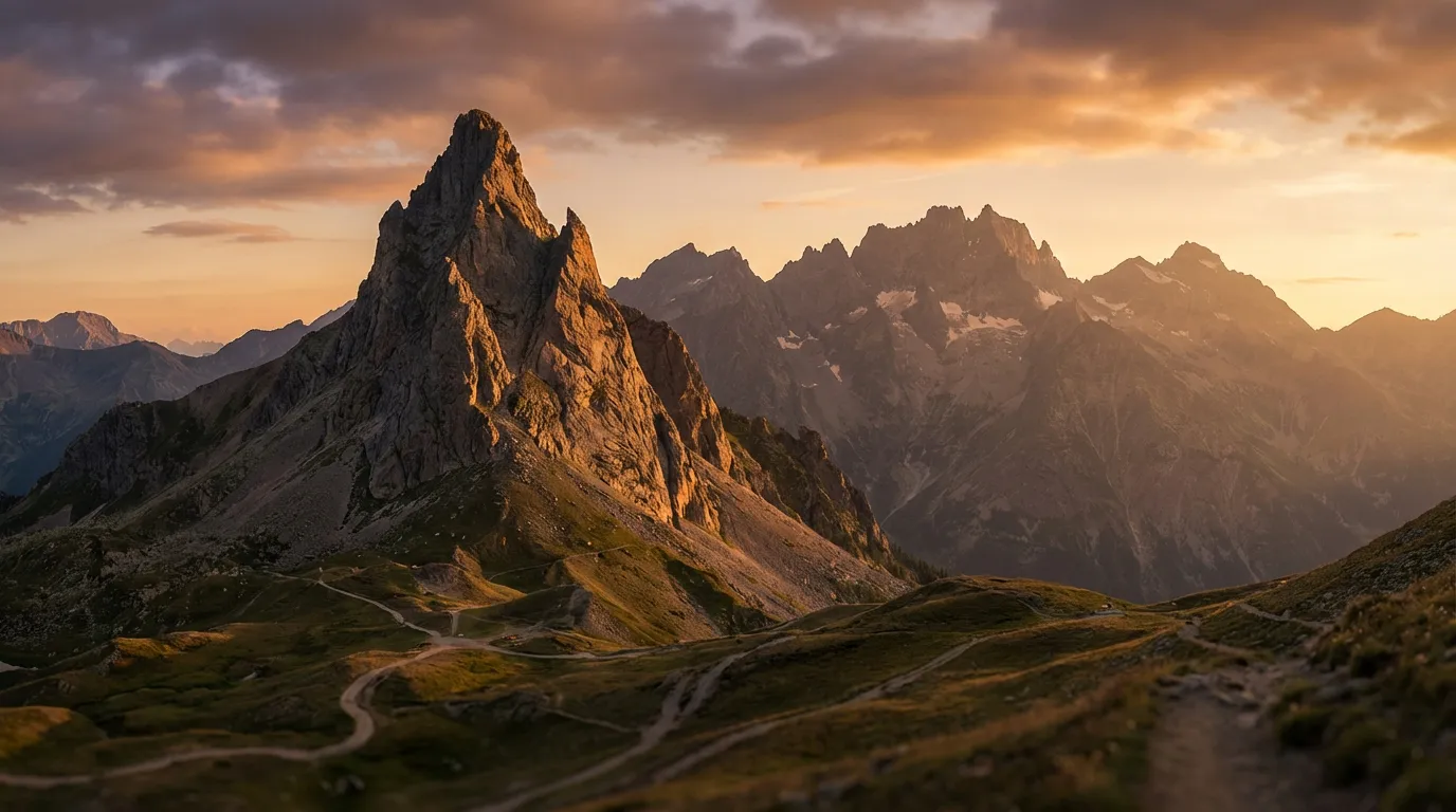 Vue épique et cinématographique de la Dent de la Rancune au coucher du soleil dans les Alpes