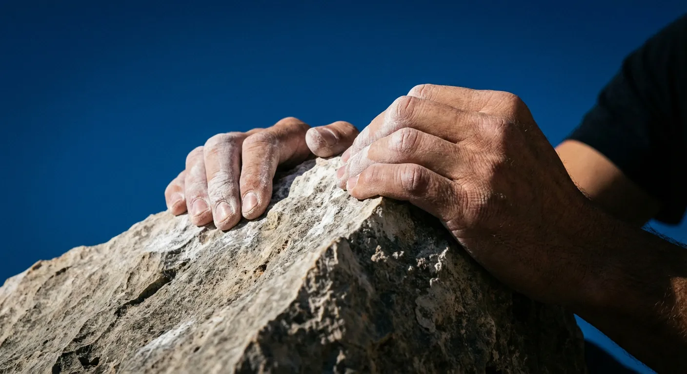 Gros plan sur les mains d'un grimpeur accroché au calcaire de Sisteron.