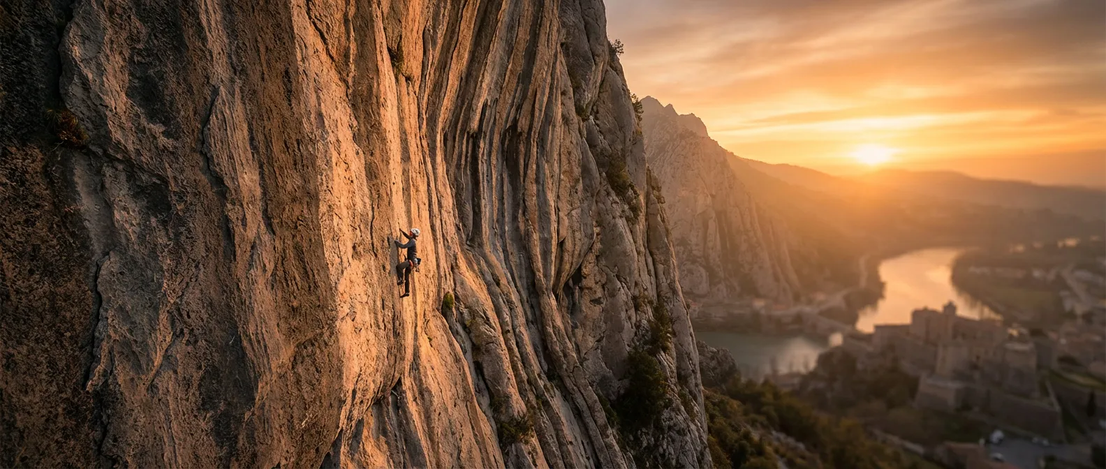 Vue épique du Rocher de la Baume à Sisteron avec un grimpeur au coucher du soleil.