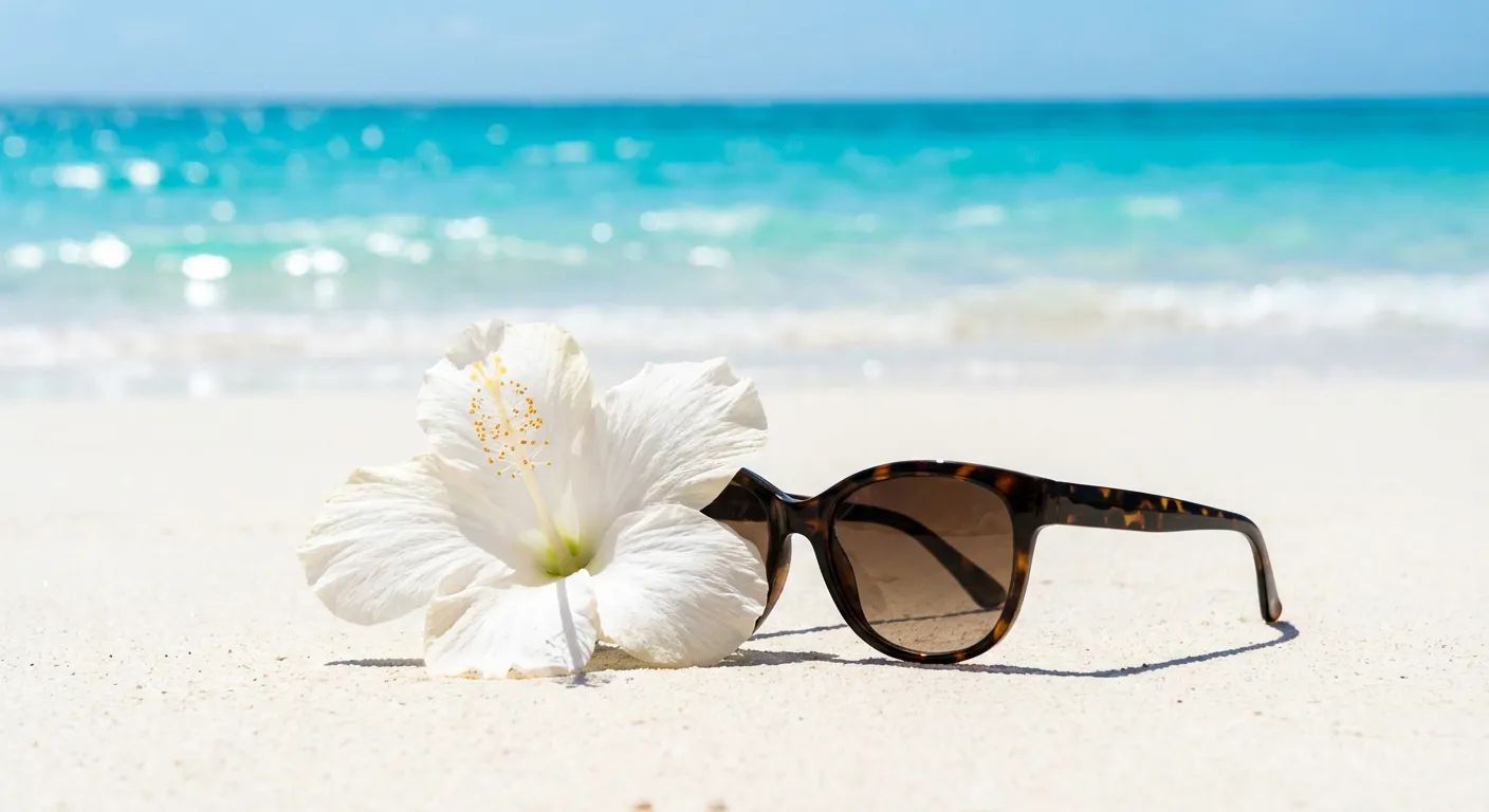 Symbole de la vie paisible à Tahiti : fleur d'hibiscus et lagon cristallin.