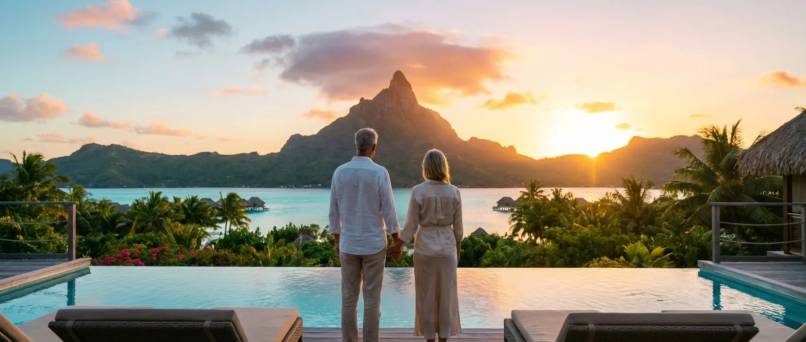 Un couple de retraités admirant le coucher de soleil sur le lagon de Tahiti, ambiance luxueuse et sereine.