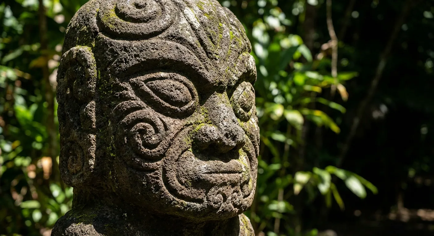 Sculpture traditionnelle Tiki des îles Marquises au cœur de la jungle