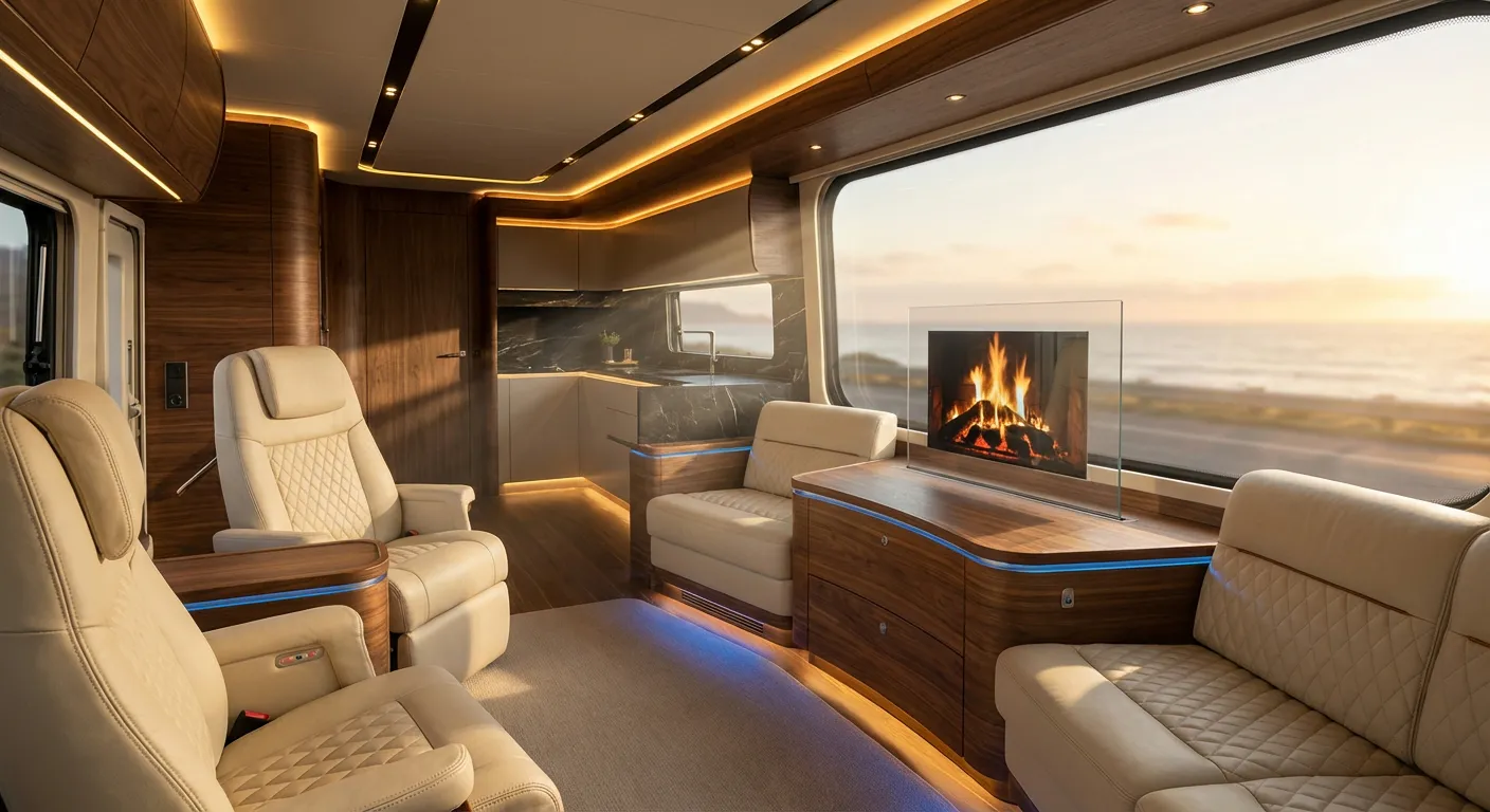 Intérieur luxueux d'un camping-car Scania avec salon en cuir et finitions boisées
