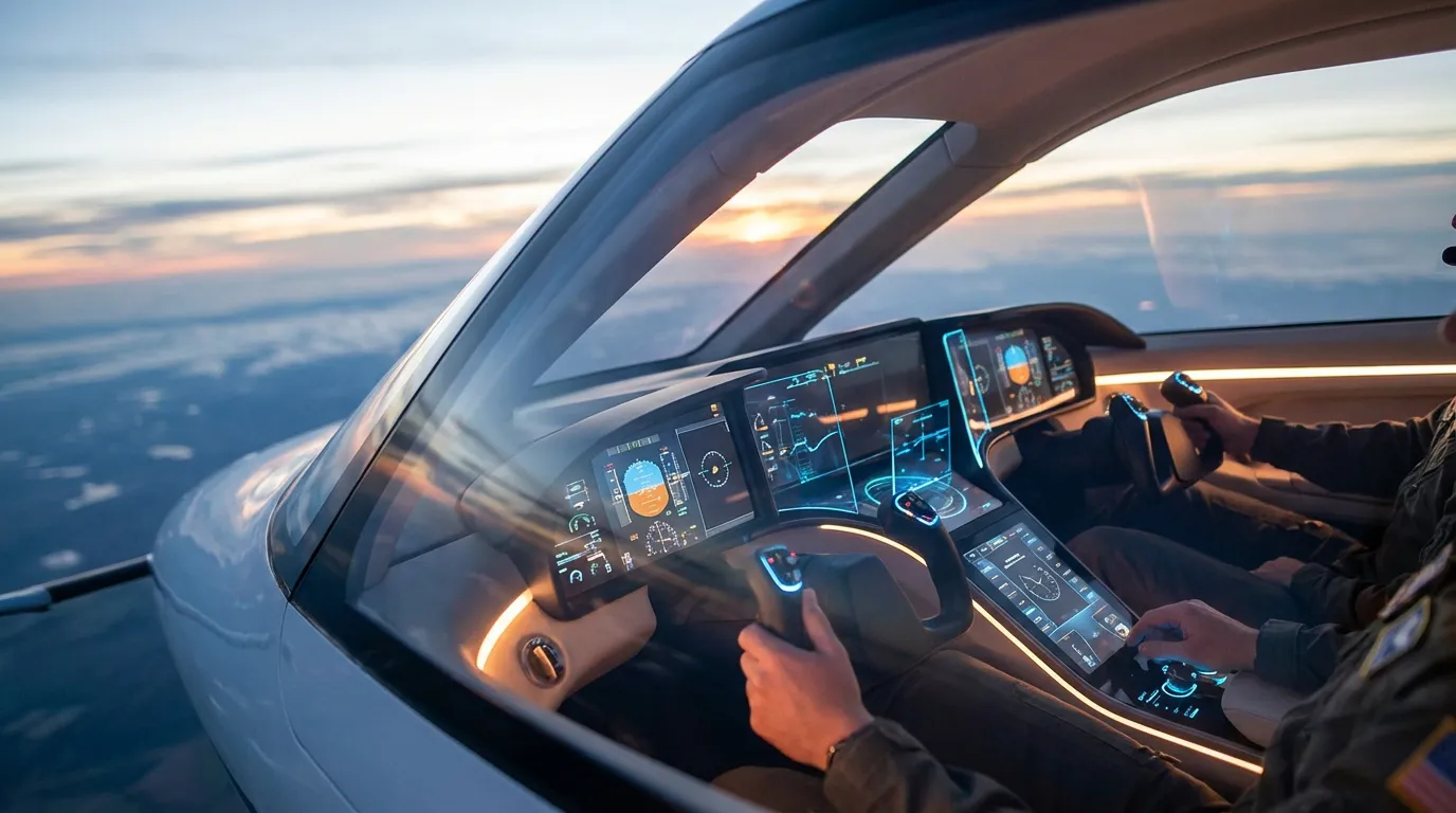 Vue détaillée d'un cockpit d'avion moderne soulignant la technologie et la sécurité.