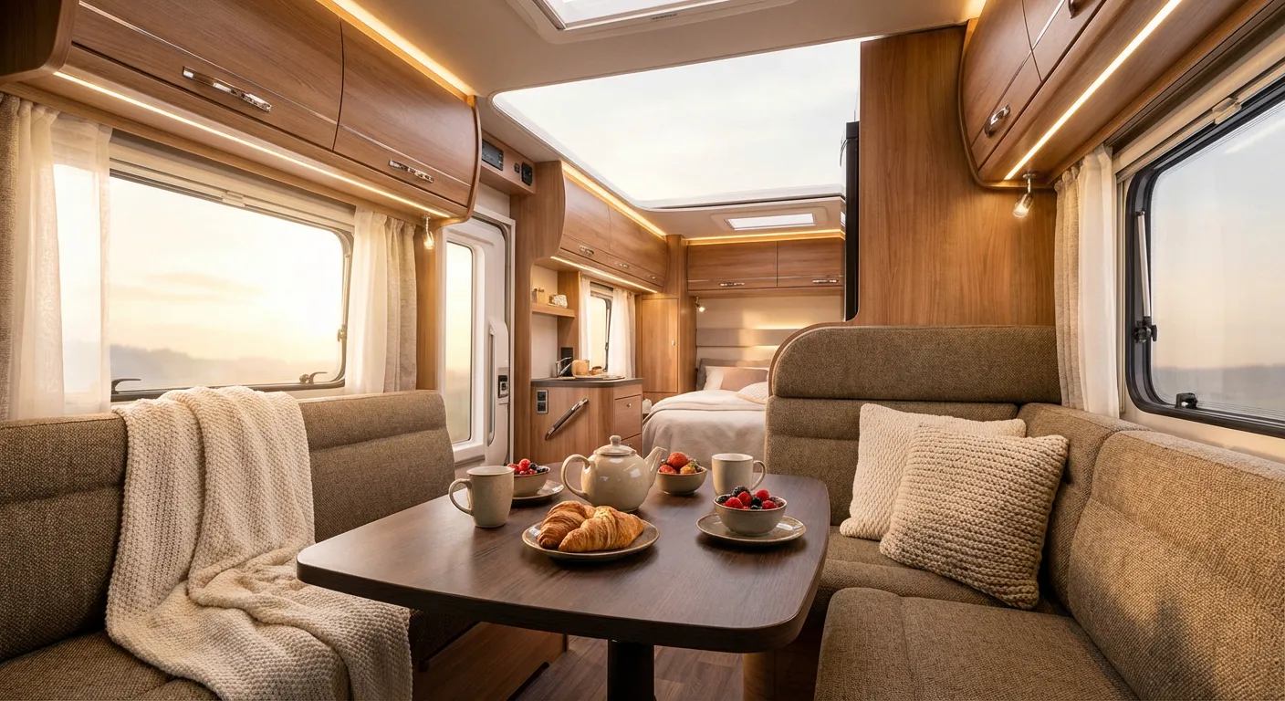 Intérieur chaleureux et aménagement du salon d'un Hymer B564
