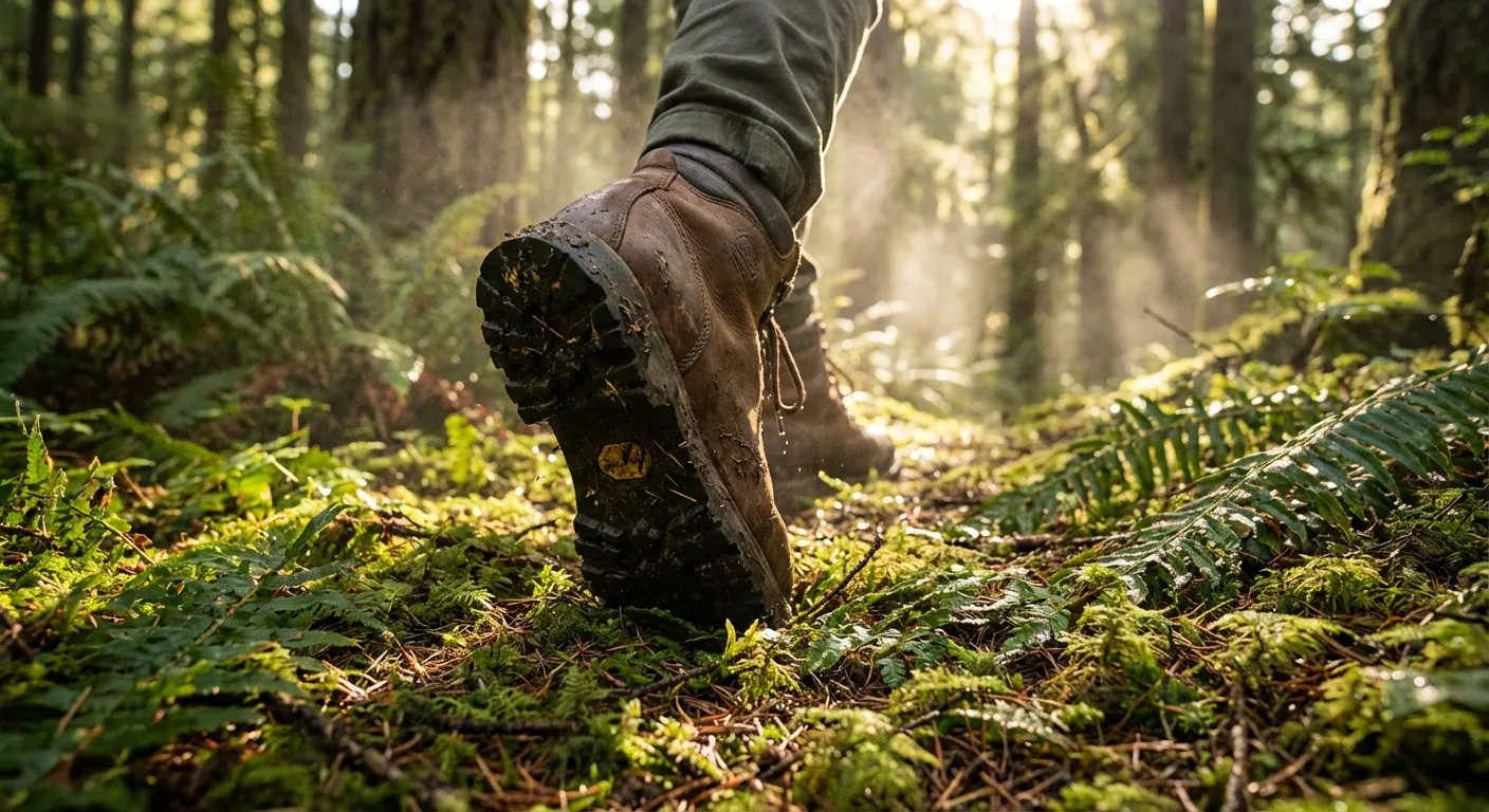 Chaussures Merrell en action sur un sentier de forêt humide et technique
