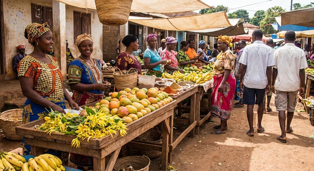 Marché traditionnel mahorais avec étals de fruits exotiques et épices.