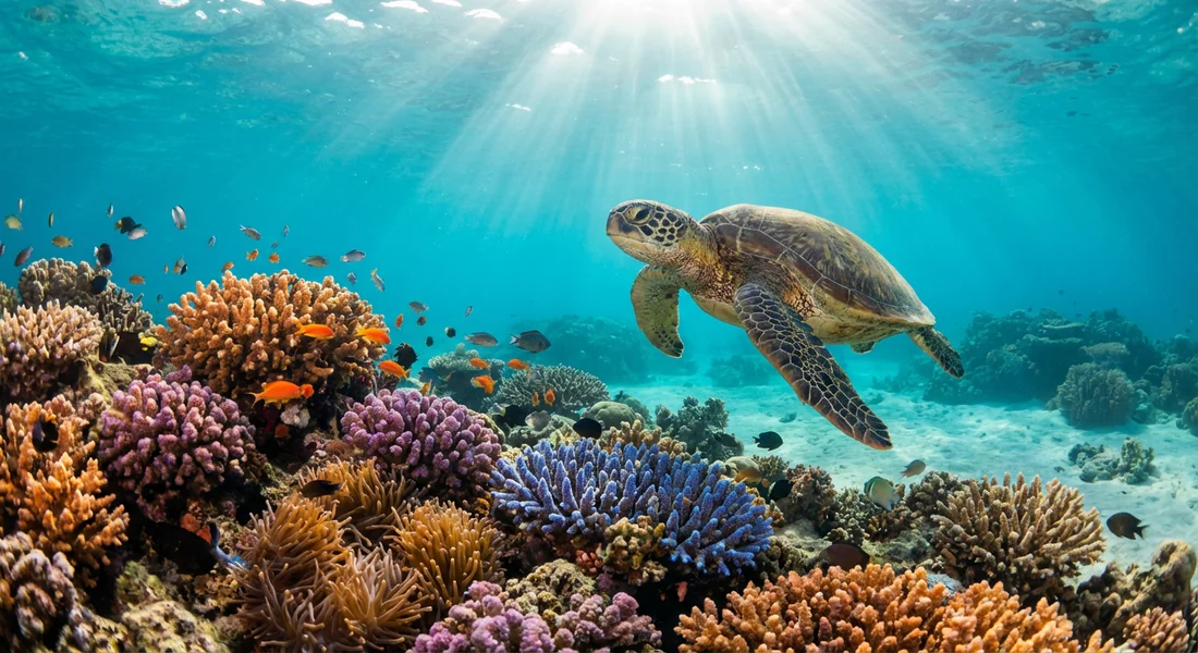Tortue marine nageant dans les coraux du lagon de Mayotte.