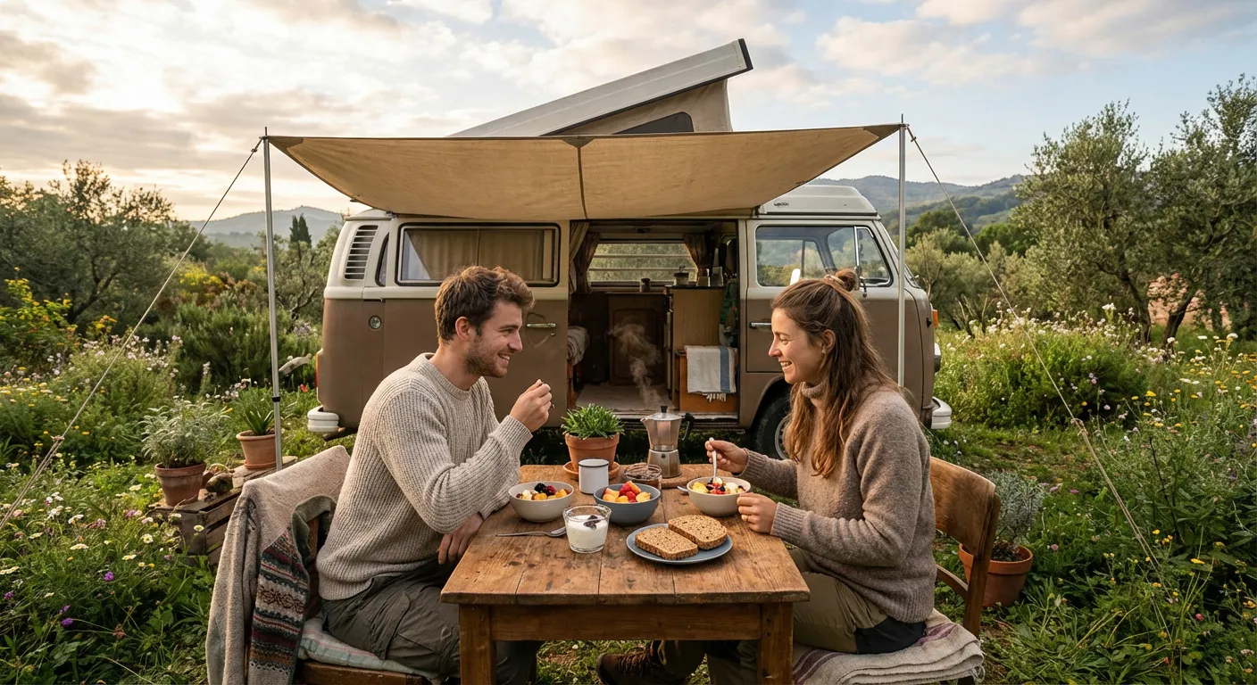 Couple déjeunant devant leur van dans un jardin privé verdoyant
