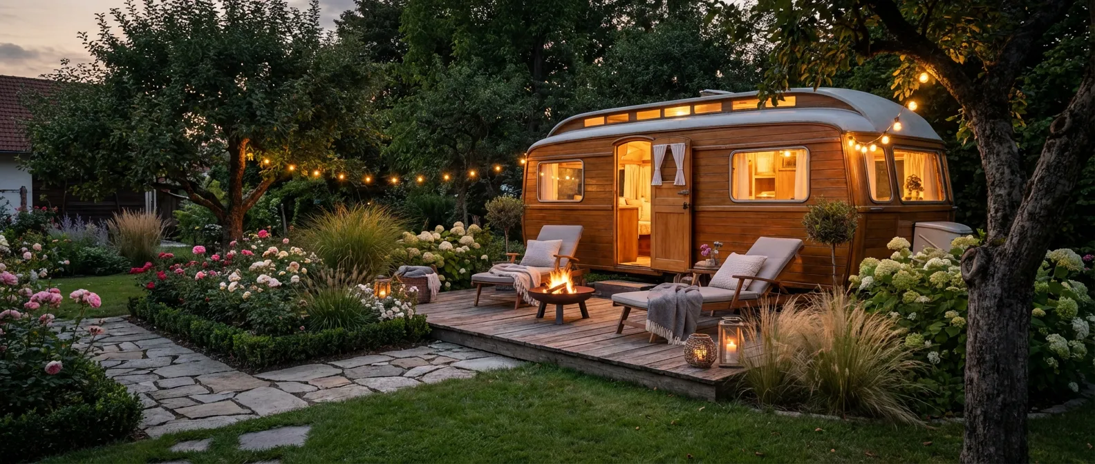 Aménagement paysager d'une caravane sur un terrain privé pour un long séjour