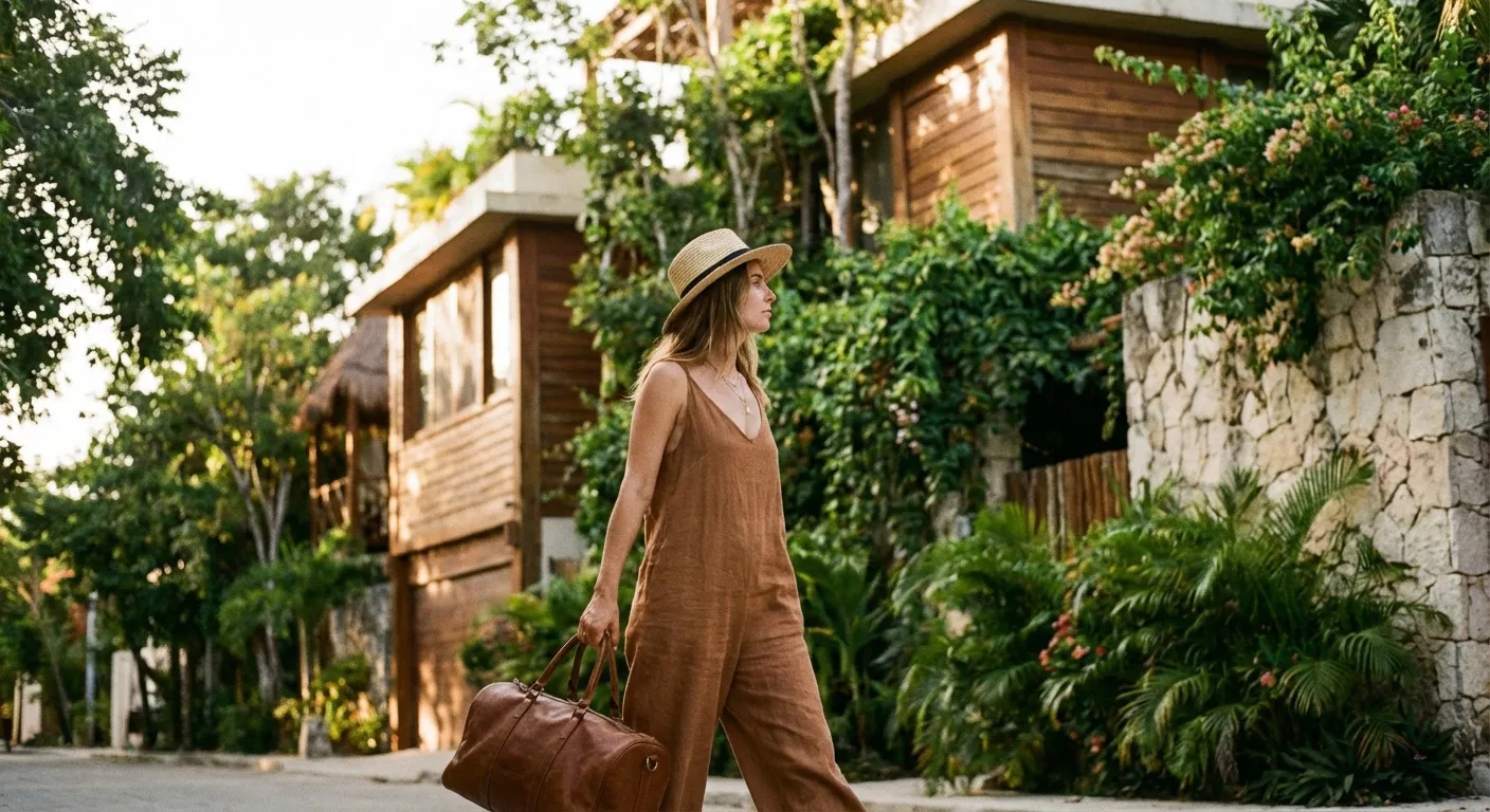 Une voyageuse sereine marchant dans un quartier résidentiel sécurisé et moderne de Tulum.