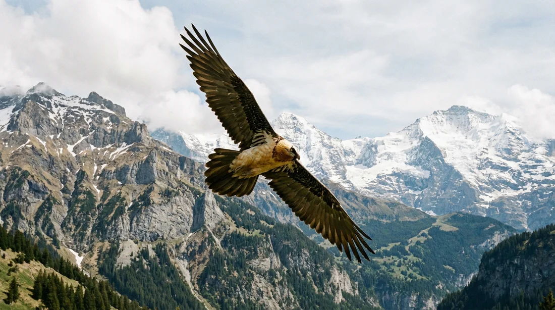 Gypaète Barbu en vol montrant sa queue en losange caractéristique au-dessus du massif du Bargy.