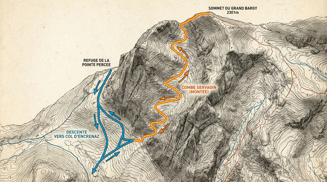 Schéma des itinéraires d'ascension du Grand Bargy : Combe Servagin et Col d'Encrenaz.