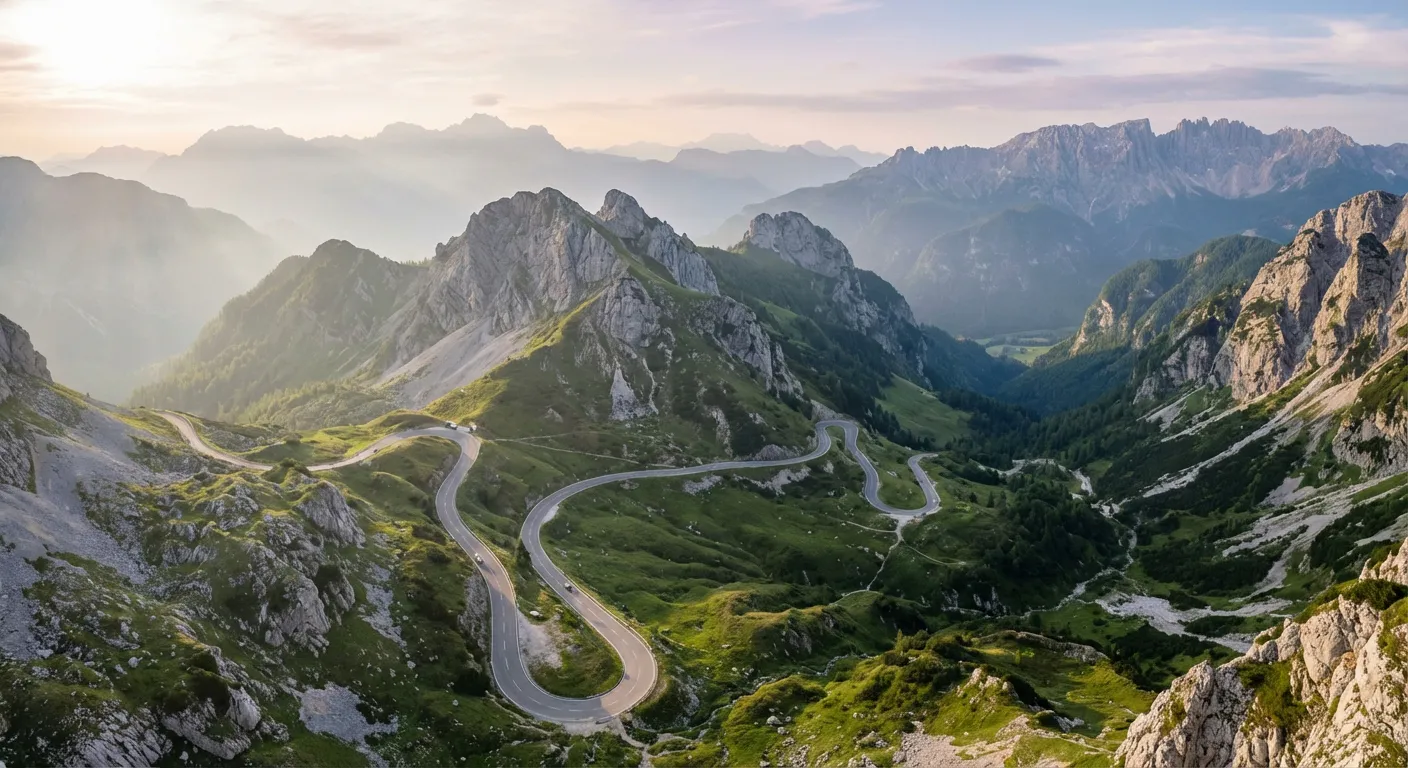 La route panoramique sinueuse menant au col du Mangart dans les Alpes